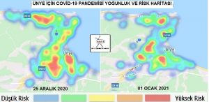 2021 YILI ÜNYE’NİN    KARŞILAŞTIRMALI İLK COVİD-19  RİSK VE YOĞUNLUK HARİTASI