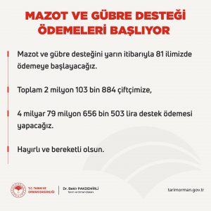 MAZOT – GÜBRE DESTEK ÖDEMELERİ YARIN BAŞLIYOR